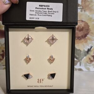Rose Gold Plated Earrings Set with Smokey Topaz and Black Onyx
